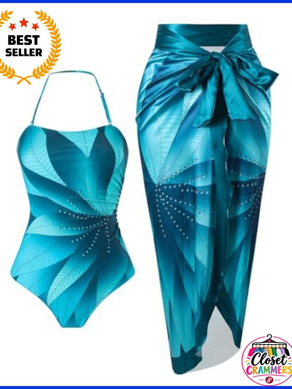 One Piece Swimsuit with Cover Up Halter Bathing Suit Set Wrap Skirt